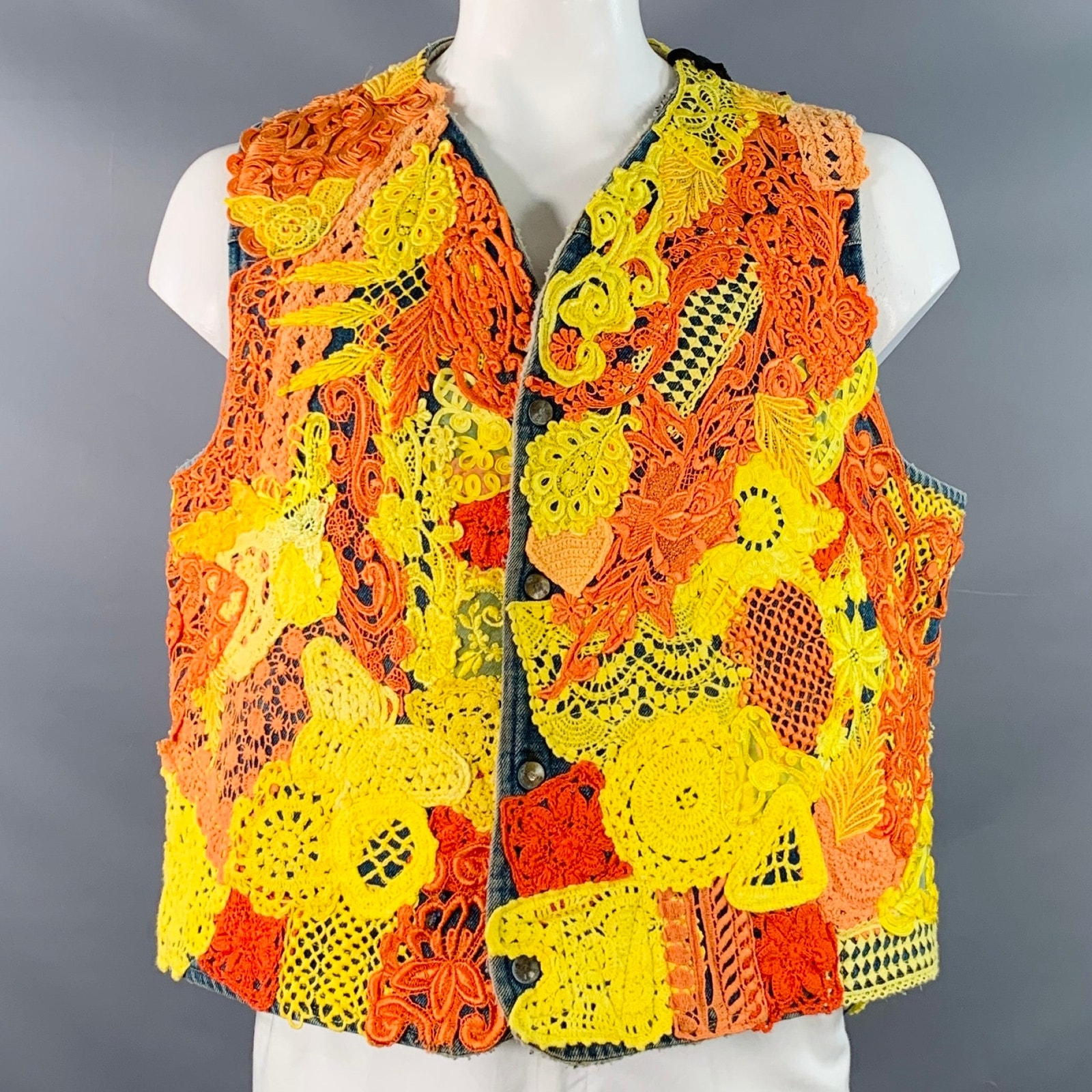 Earthling Vip Xl Poetic Lust Blue Orange Yellow Lace Crochet Cotton Snaps Vest